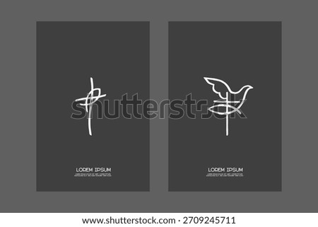Classic, universal religious template poster, flyer, invitation card set with Christian Symbol Cross, Dove, and Ictus Design