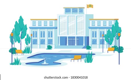 Classic University or Academy, Institute Building Facade and Courtyard with Fountain Background. Professional Education and Comfortable Environment for Learning. Flat Cartoon Vector Illustration.