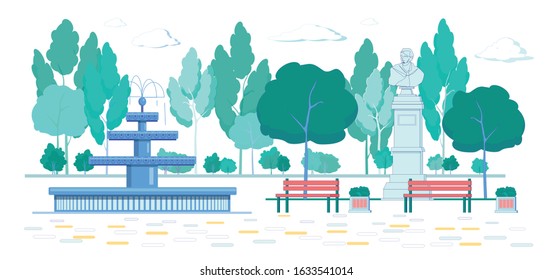 CLassic University Park with Fountain and Monument to Scientist or Founder. Educational Institution with Historical Heritage and Traditions Outdoor Background. Flat Cartoon Vector Illustration.