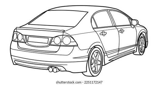 Classic Upgrade sport sedan car. Rear and side 3d view. Street racing style car. Outline doodle vector illustration for your design - coloring book or print.