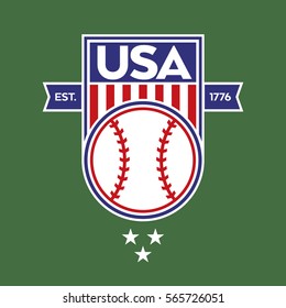 A classic USA shield with stars and stripes over a green background. This sports crest includes a baseball and the establishment date of the United States of America.