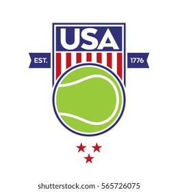 A classic USA shield with stars and stripes over a white background. This sports crest includes a tennis ball and the establishment date of the United States of America.