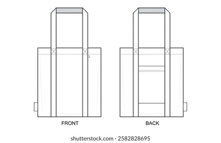 Classic Utility Tote Bag Technical Fashion Illustration. Vertical Shopper Bag Vector Template. Front and Back View. Extended Handles. Side Loop Detail. Functional Exterior Pocket. CAD Mockup.