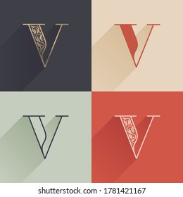 Classic V letter logo with premium decoration. Four style serif font set. Vector icon perfect to use in any alcohol labels, glamour posters, luxury identity, etc.