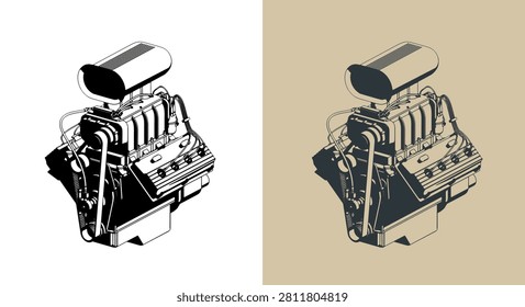 Classic V8 car engine with supercharger stylized isometric vector illustrations