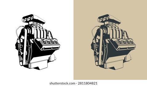 Classic V8 car engine with supercharger stylized vector illustrations
