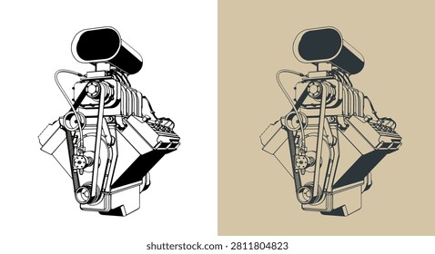 Classic V8 car engine with supercharger stylized vector illustrations