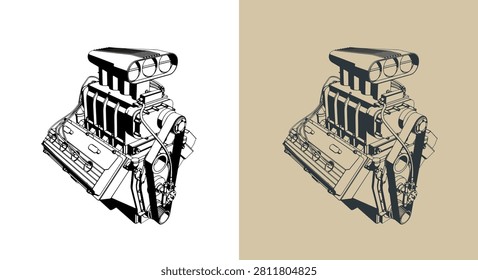 Classic V8 car engine with supercharger stylized vector illustrations