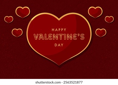 A classic Valentine's Day card featuring a large red heart with a gold outline. The heart is surrounded by smaller red hearts and a gold pattern background. The text "Happy Valentine's Day" is display