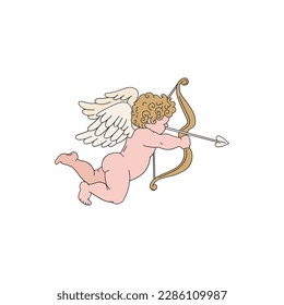 Classic Valentines Day Cupid shoot a bow with arrows vector illustration isolated on white. Red Pink aesthetics Love Amur print for 14 February holiday.