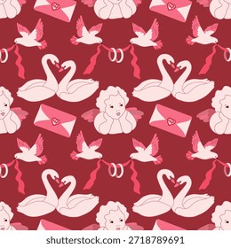 Dia dos Namorados clássico padrão sem emenda com o anjo de estilo plano, pombas com anéis, cisnes, e carta de amor no fundo vermelho escuro. Design vetorial elegante para projetos românticos.