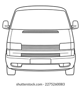 Classic van bus car. Front view shot. Outline doodle vector illustration for your design