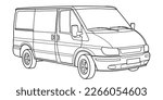 Classic van bus car. Side view shot. Outline doodle vector illustration