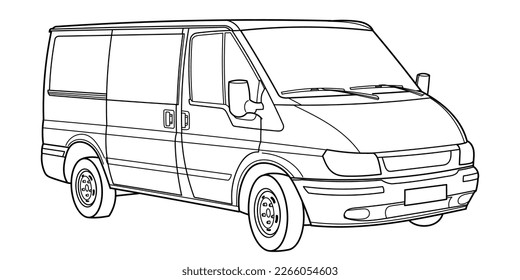 Classic van bus car. Side view shot. Outline doodle vector illustration