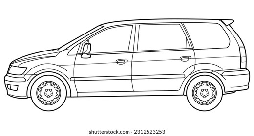 Classic van bus car. Side view shot. Outline doodle vector illustration	
