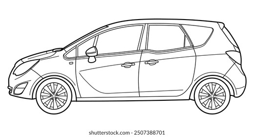 Classic van bus car. Side view shot. Outline doodle vector illustration