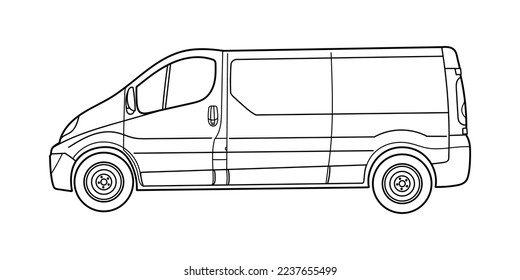 Classic van car. Side view shot. Outline doodle vector illustration