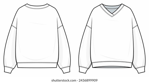 Classic Varsity sweater technical fashion illustration. Varsity sweater vector template illustration. front and back view. Long sleeve. oversized. drop shoulder. unisex. white color. CAD mockup.