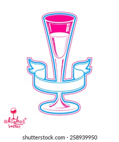 Classic vector 3d champagne goblet decorated with curve ribbon, alcohol beverage theme illustration. Lifestyle graphic realistic design element, eps8.