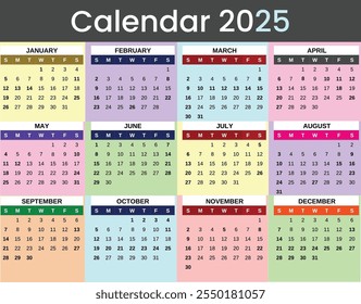 Classic vector calendar for 2025. Printable calendar layout.