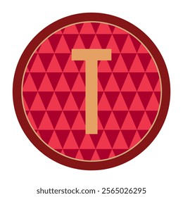 A classic vector design showcasing a gold T within a textured red circle, accentuated by a vintage brown outline. Perfect for retro-themed branding or design projects.