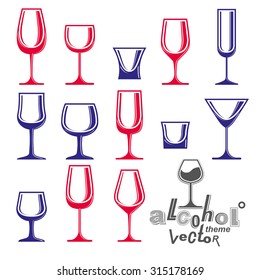 Classic vector goblets collection, martini, wineglass, cognac and whiskey. Alcohol theme illustrations. Lifestyle graphic design elements, set of simple glasses.