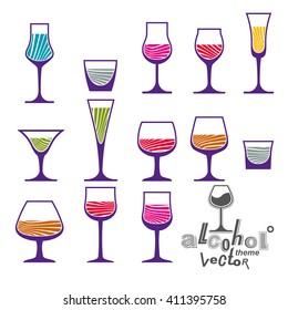 Classic vector goblets collection, martini, wineglass, cognac and whiskey. Alcohol theme illustrations. Lifestyle graphic design elements, set of simple glasses.