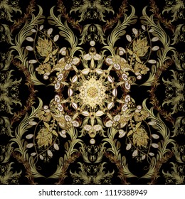 Classic vector golden ornamental pattern. Floral ornament brocade textile pattern, glass, metal with floral pattern on black, yellow and neutral colors with golden elements.