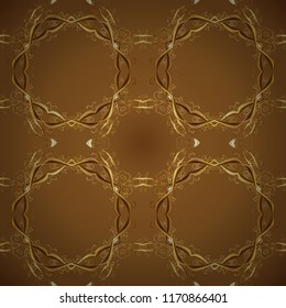 Classic vector golden ornamental pattern. Floral ornament brocade textile pattern, glass, metal with floral pattern on brown, yellow and beige colors with golden elements.