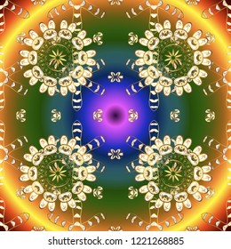 Classic vector golden ornamental pattern. Floral ornament brocade textile pattern, glass, metal with floral pattern on green, brown and yellow colors with golden elements.