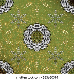 Classic vector golden pattern. Floral ornament brocade textile pattern, glass, metal with floral pattern on green background with golden elements.
