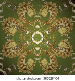 Classic vector golden pattern. Floral ornament brocade textile pattern, glass, metal with floral pattern on green background with golden elements.