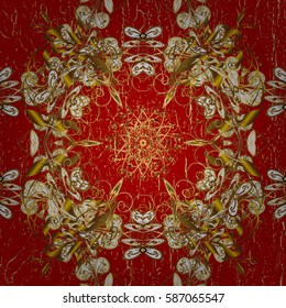 Classic vector golden pattern. Floral ornament brocade textile pattern, glass, metal with floral pattern on red background with golden elements.