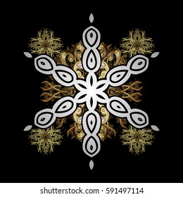 Classic vector golden pattern. Floral ornament brocade textile pattern, glass, metal with floral pattern on black background with golden elements.