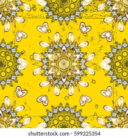Classic vector golden pattern. Floral ornament brocade textile pattern, glass, metal with floral pattern on yellow background with golden elements.