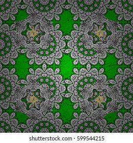 Classic vector golden pattern. Floral ornament brocade textile pattern, glass, metal with floral pattern on green background with golden elements.