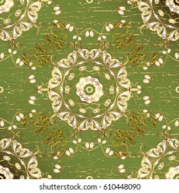 Classic vector golden pattern. Floral ornament brocade textile pattern, glass, metal with floral pattern on green background with golden elements.