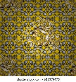 Classic vector golden pattern. Floral ornament brocade textile pattern, glass, metal with floral pattern on yellow background with golden elements.