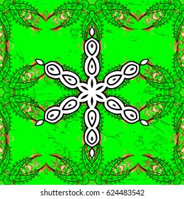 Classic vector golden pattern. Floral ornament brocade textile pattern, glass, metal with floral pattern on green background with golden elements.
