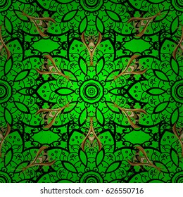 Classic vector golden pattern. Floral ornament brocade textile pattern, glass, metal with floral pattern on green background with golden elements.