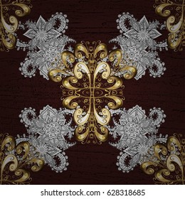 Classic vector golden pattern. Floral ornament brocade textile pattern, glass, metal with floral pattern on brown background with golden elements.