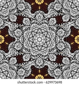 Classic vector golden pattern. Floral ornament brocade textile pattern, glass, metal with floral pattern on brown background with golden elements.