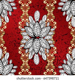 Classic vector golden pattern. Floral ornament brocade textile pattern, glass, metal with floral pattern on red background with golden elements.