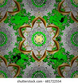Classic vector golden pattern. Floral ornament brocade textile pattern, glass, metal with floral pattern on green background with golden elements.