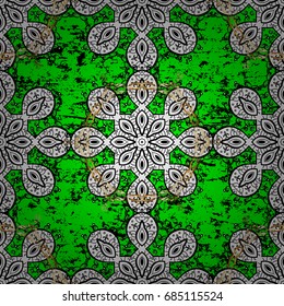 Classic vector golden pattern. Floral ornament brocade textile pattern, glass, metal with floral pattern on green background with golden elements.