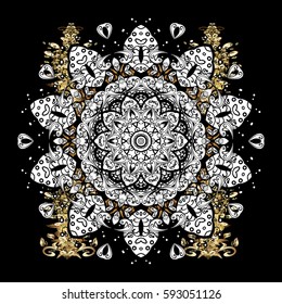Classic vector golden pattern. Traditional orient ornament. Classic vintage background. on black background with golden elements and white doodles.