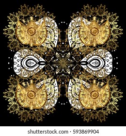 Classic vector golden pattern. Traditional orient ornament. Classic vintage background. on black background with golden elements and white doodles.