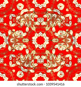 Classic vector golden seamless pattern. Floral ornament brocade textile pattern, glass, metal with floral pattern on red, white and brown colors with golden elements.