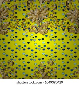 Classic vector golden seamless pattern. Floral ornament brocade textile pattern, glass, metal with floral pattern on yellow, blue and brown colors with golden elements.