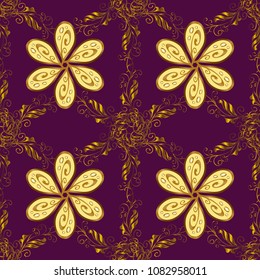 Classic vector golden seamless pattern. Seamless pattern on purple, yellow and brown colors with golden elements. Traditional orient ornament. Classic vintage background.